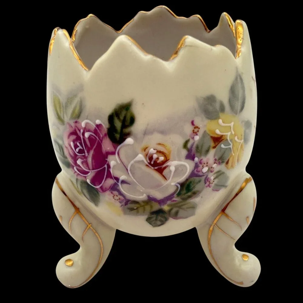 INARCO Broken Egg Planter Footed Vase Vtg 60s Hand Painted Roses Easter Spring